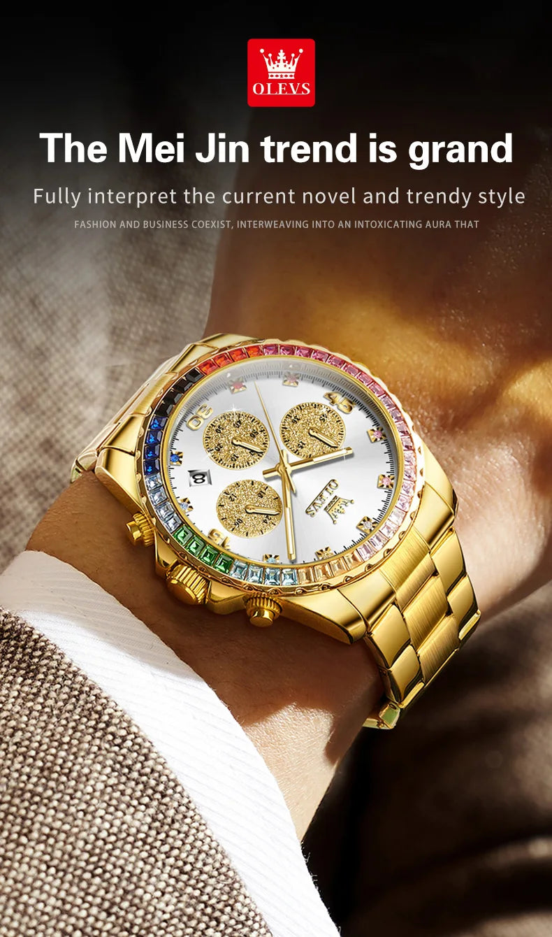 OLEVS Luxury Top Brand Quartz Men's Watch Multi function Stainless Steel Rainbow Gemstone Bezel Watch for Men reloj de hombre
